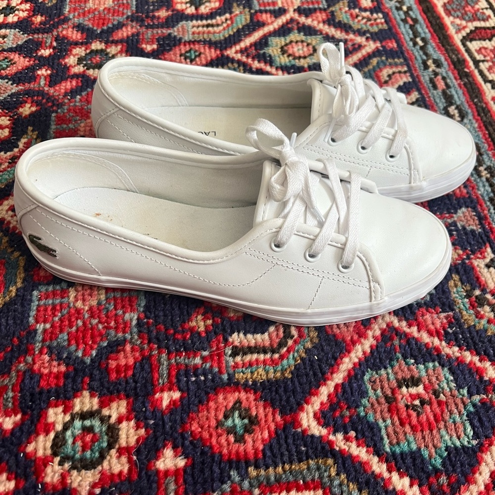 Lacoste White Leather Lowcut Tennis Sneakers Crisp White Alligator Size 7.5